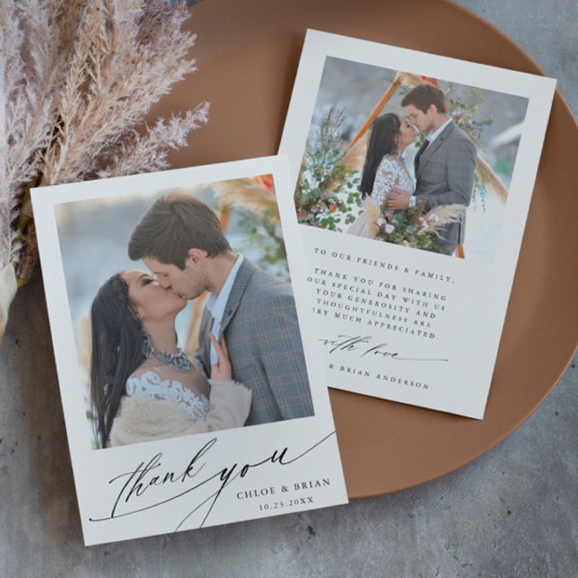 Modern Boho Calligraphy 2 Photo Wedding  Thank You Card (Creator Uploaded)