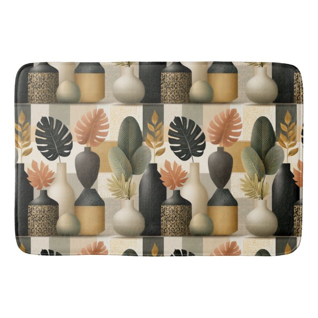 Modern Boho Ceramic Vases and Botanical Leaves Bath Mat (Front)