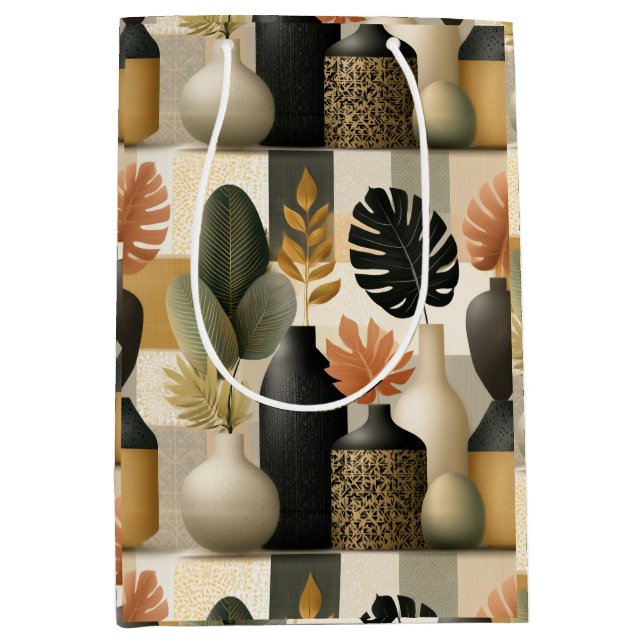 Modern Boho Ceramic Vases and Botanical Leaves Medium Gift Bag (Front)
