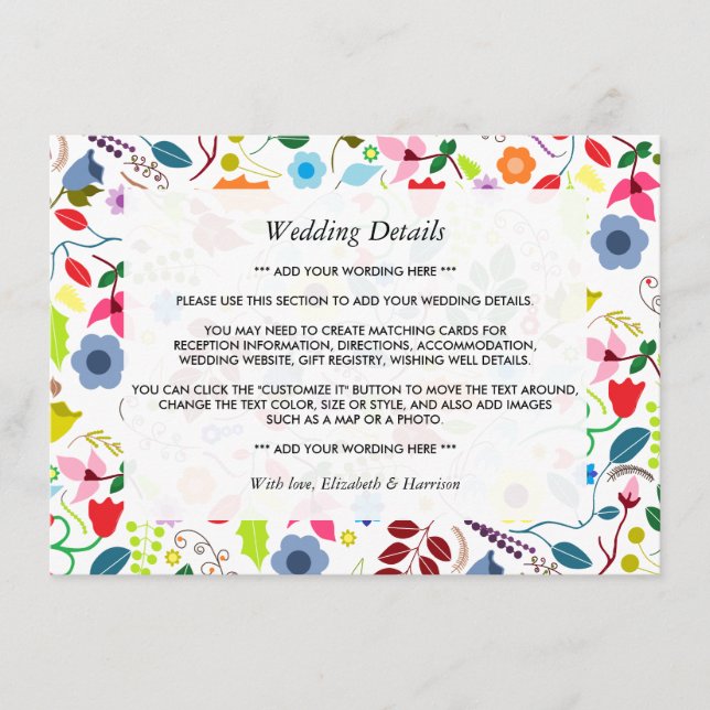 Modern Boho Chic Floral Wedding Detail Enclosure Card (Front)