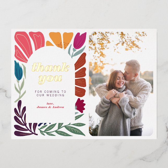 Modern Boho Chic Retro Floral Thank You Foil Holiday Postcard (Front)
