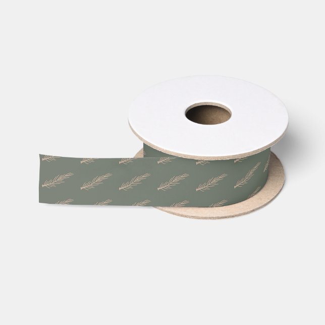 Modern Boho Christmas Green And Gold Pine Pattern Satin Ribbon (Spool)
