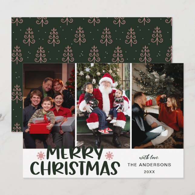 Modern Boho Christmas Tree Merry Christmas 3 Photo Holiday Card (Front/Back)