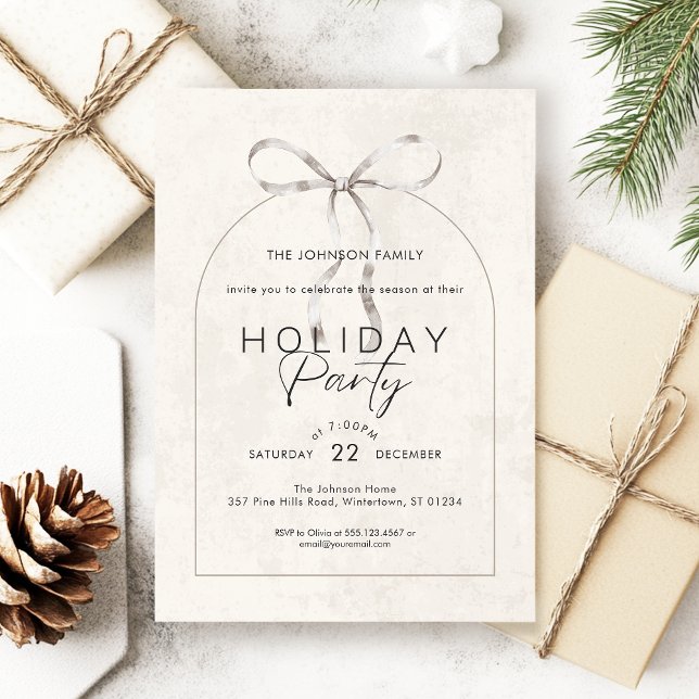 Modern Boho Coquette Bow Arch Script Holiday Party Invitation (Modern boho holiday party invitation with arch frame, coquette bow detail and a textured background)