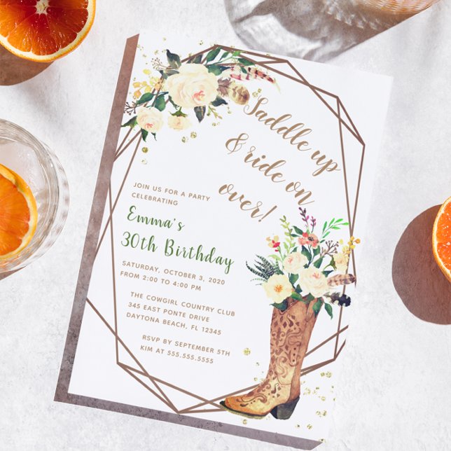 Modern Boho Cowgirl Floral Boots Birthday Party Invitation (Creator Uploaded)