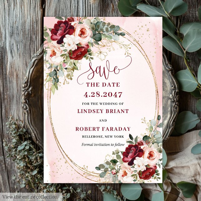 Modern Boho Deep Red Blush Gold Floral Save Date Invitation (Modern Boho Deep Red Blush Gold Floral Save Date)