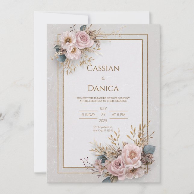 Modern Boho Dried Berry Red Fan Leaf Wedding Invitation (Front)