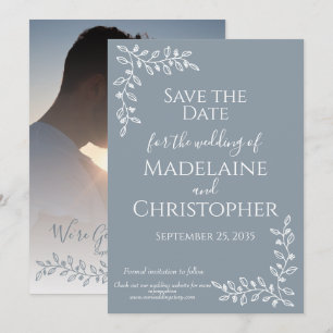 Modern Boho Dusty Blue Botanical Photo Wedding Save The Date