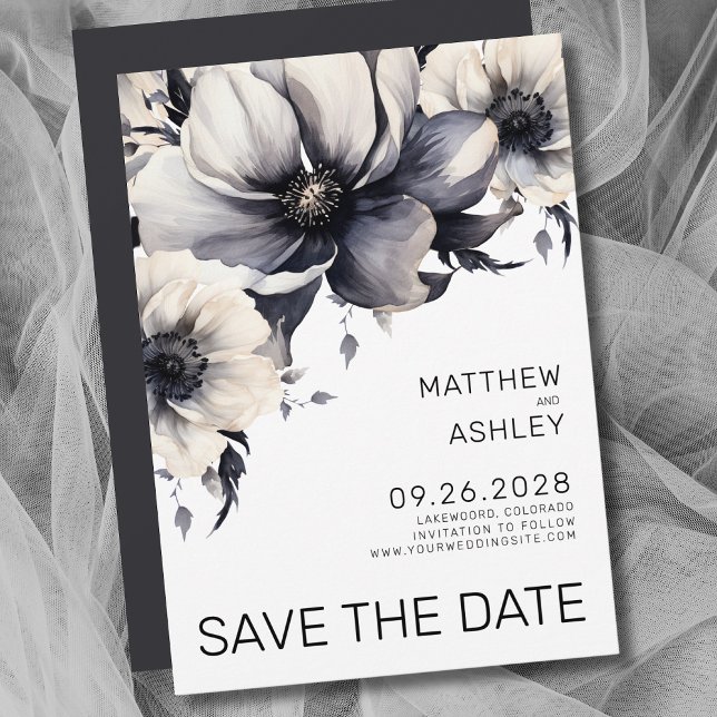 Modern Boho Elegant Black White Floral Wedding Save The Date (Modern Elegant Floral Black White Wedding Save the Date)