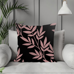 Modern Boho Elegant Mauve Leaf Pattern Black Throw Pillow