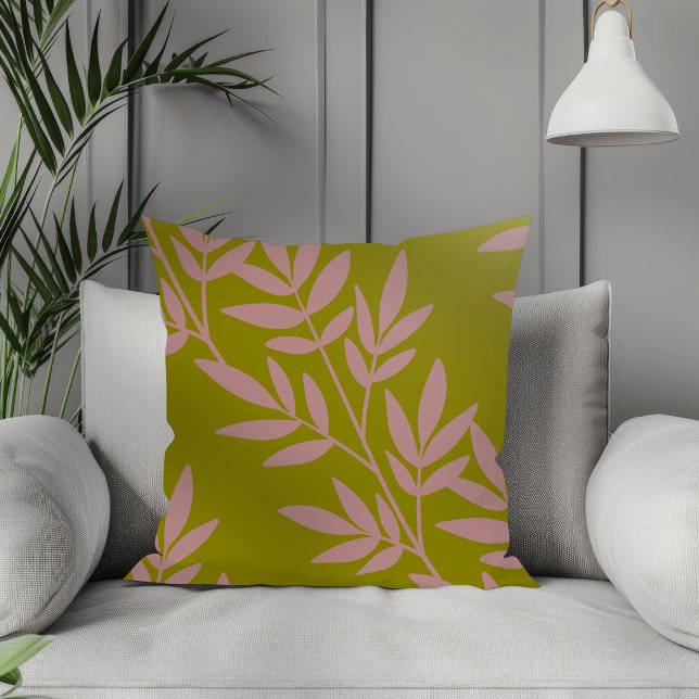Modern Boho Elegant Mauve Leaf Pattern Olive Throw Pillow (Creator Uploaded)