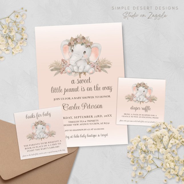 Modern Boho Elephant Baby Shower Diaper Raffle Enclosure Card (Cute Elephant Baby Shower Card Inserts for Diaper Raffle and Book Request Cards with Invitation)