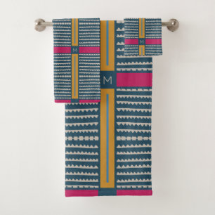 Modern Boho Ethnic Geometric Multi Teal Bath Towel Set