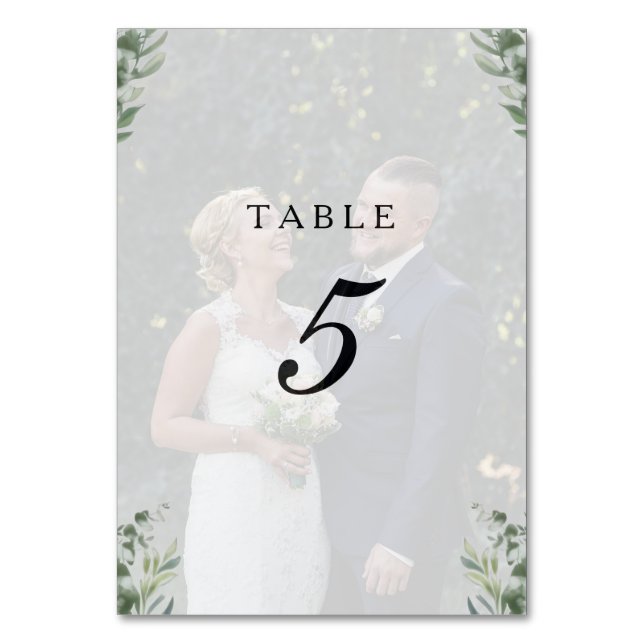 Modern Boho Eucalyptus Leaves & Photo Wedding Table Number (Front)
