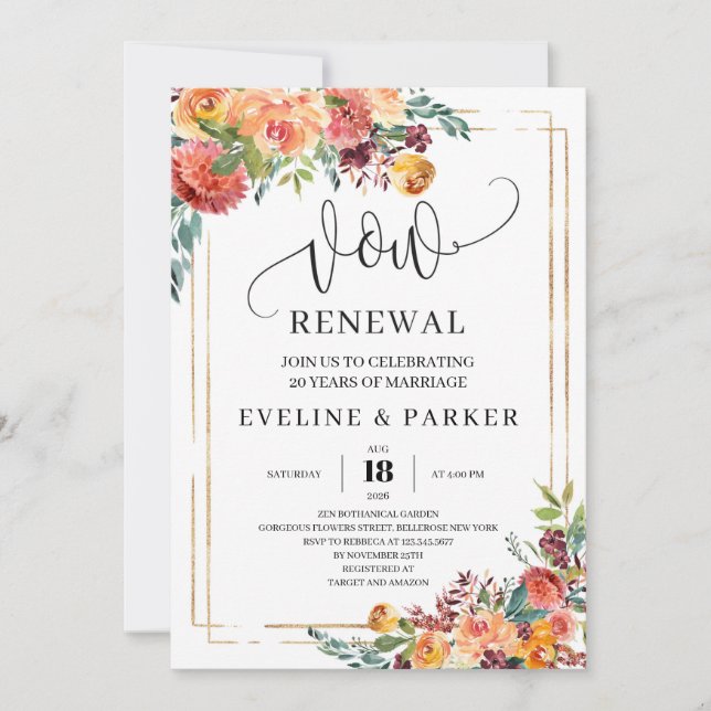 Modern Boho Fall Marigold vow renewal invitation (Front)