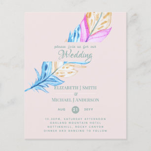 Modern Boho Feather Colourful Budget Wedding Invit