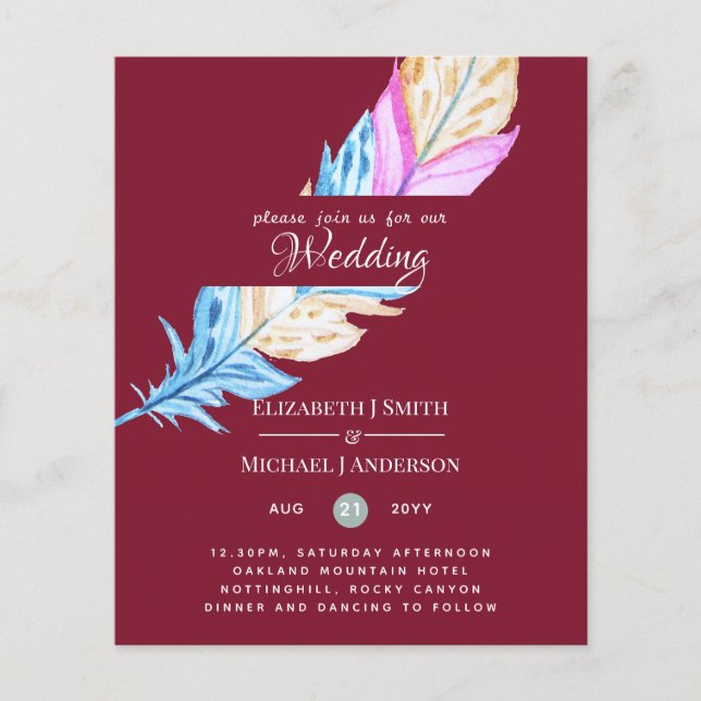 Modern Boho Feather Colourful Budget Wedding Invit (Front)