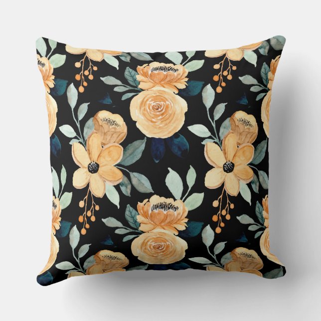 Modern boho floral background botanical black throw pillow (Back)