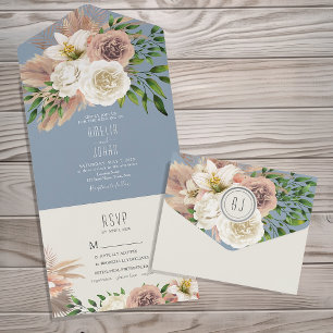 Modern Boho Floral Dusty Blue Wedding All In One Invitation