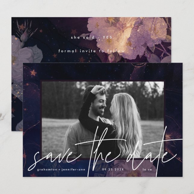 Modern Boho Floral Fantasy Dark Fall Purple Save The Date (Front/Back)