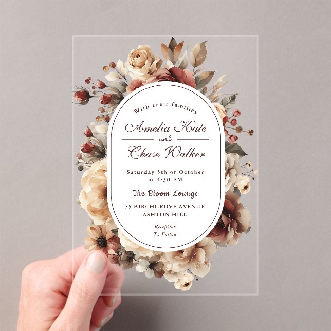 Modern Boho Floral Frame Wedding Acrylic Invitations (Insitu (Handheld))