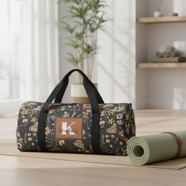 Modern Boho Floral Monogram Name Duffle Bag (Creator Uploaded)