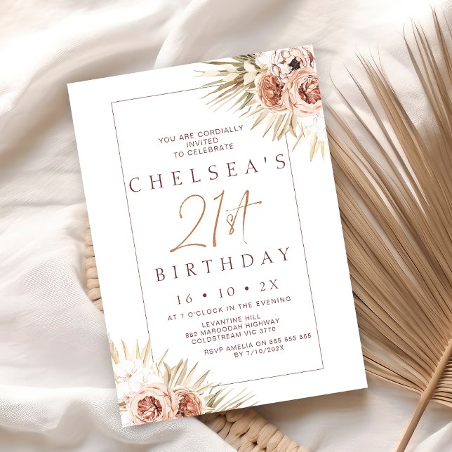 Modern Boho Floral Palm 21st Birthday Invitation (Boho Floral 21st Birthday Invitation, Bohemian Floral 21st Birthday Invite, Modern Rustic Girl)