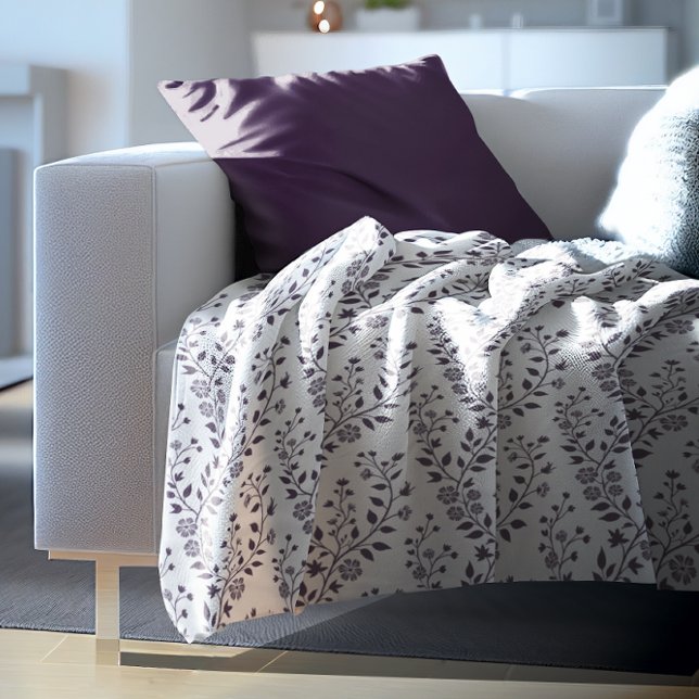 Modern Boho Floral Pattern Plum White Fleece Blanket (Creator Uploaded)