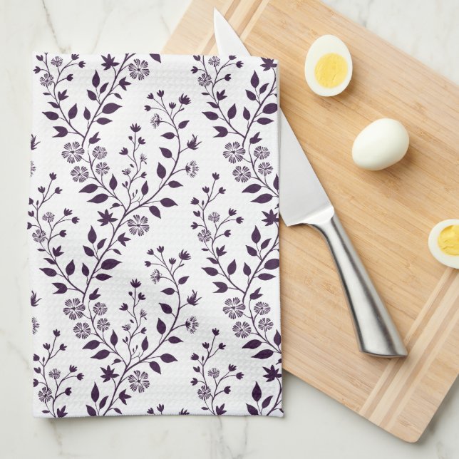Modern Boho Floral Pattern Plum White Kitchen Towel (Quarter Fold)