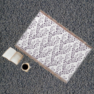 Modern Boho Floral Pattern Plum White Throw Blanket