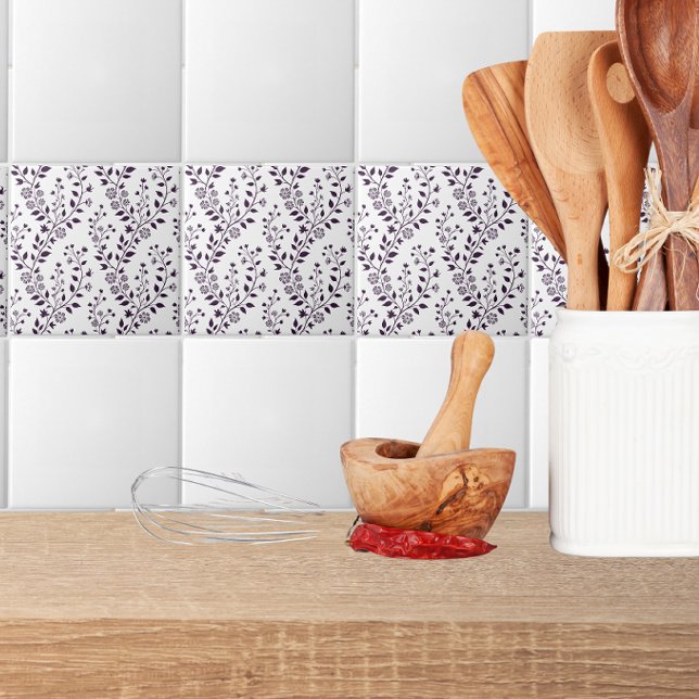 Modern Boho Floral Pattern Plum White Tile (Creator Uploaded)