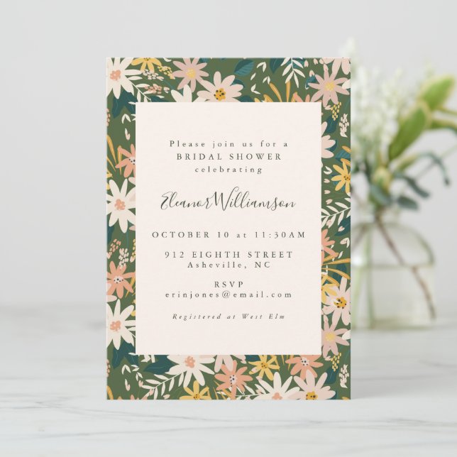 Modern Boho Floral Peach and Green Bridal Shower Invitation (Standing Front)