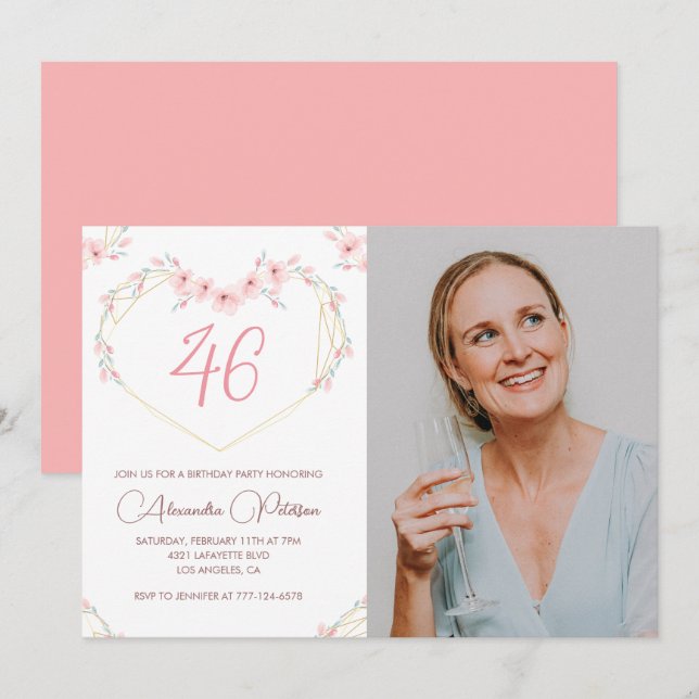 Modern Boho Floral Photo 46th birthday invitation (Front/Back)