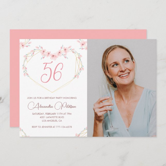 Modern Boho Floral Photo 56th birthday invitation (Front/Back)