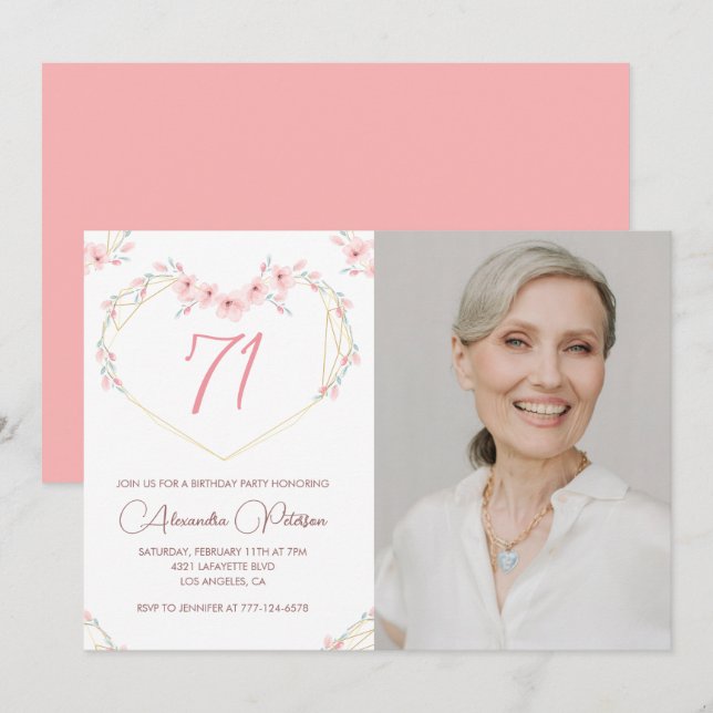 Modern Boho Floral Photo 71st birthday invitation (Front/Back)