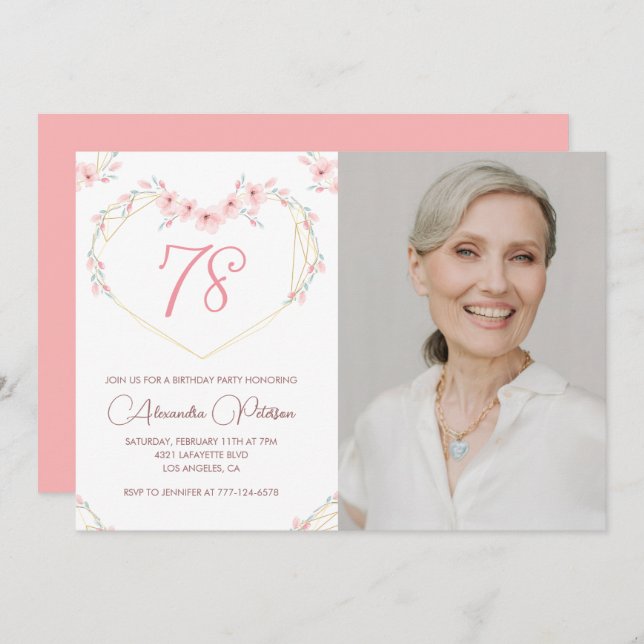 Modern Boho Floral Photo 78th birthday invitation (Front/Back)