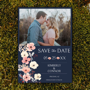 Modern Boho Floral Photo Save the Date   Navy Blue