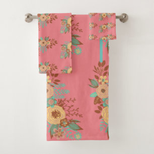 Modern Boho Floral Pink  Bath Towel Set
