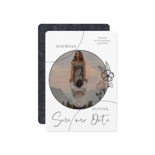 Modern Boho Floral Rose Photo Circle Navy & White Save The Date