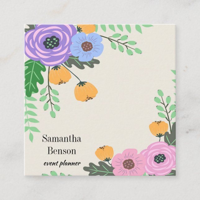 Modern Boho Floral Square Business Card (Front)