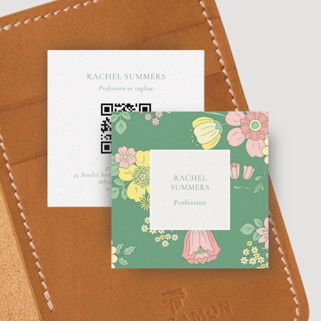 Modern Boho Floral Square QR  Business Card (Creator Uploaded)