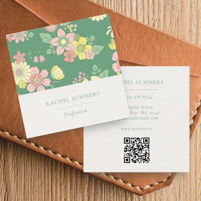 Modern Boho Floral Square QR  Square Business Card (Creator Uploaded)
