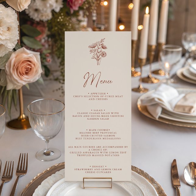 Modern Boho Floral Terracotta Burnt Orange Wedding Menu (Creator Uploaded)