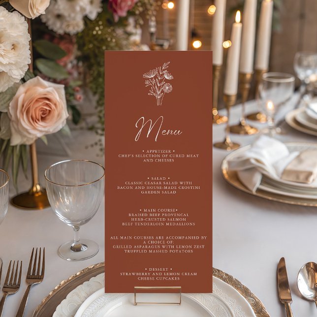 Modern Boho Floral Terracotta Burnt Orange Wedding Menu (Creator Uploaded)