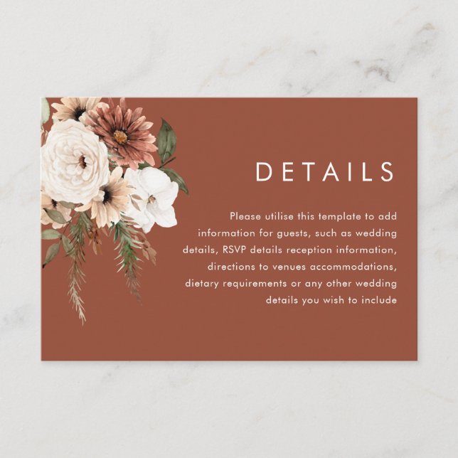 Modern Boho Flowers Terracotta Wedding Details Enclosure Card (Front)