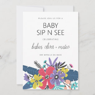 Modern Boho Flowers Twin Boy Baby Sip And See Invitation