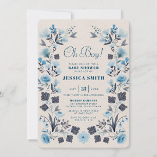 Modern Boho Folk Blue Boy Baby Shower Invitation