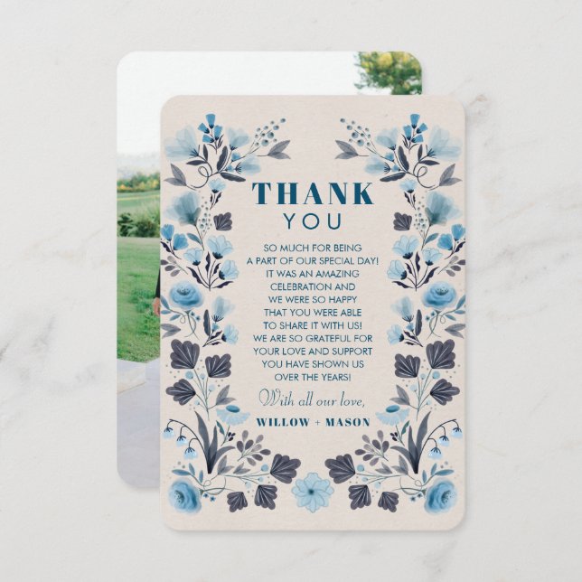 Modern Boho Folk Wedding Thank You Card with Photo (Front/Back)