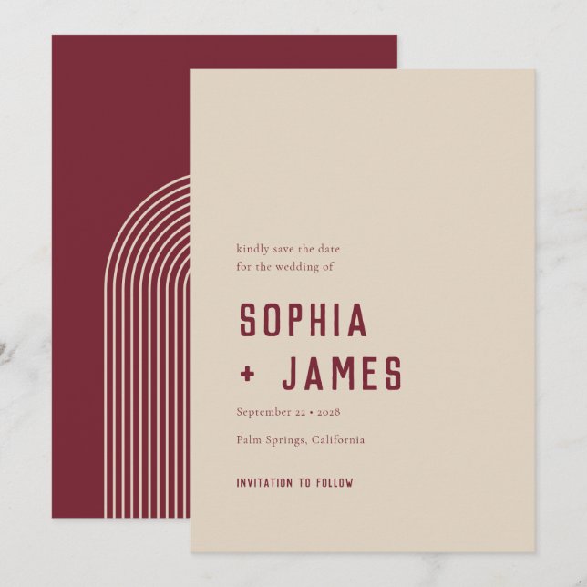 Modern Boho Geometric Arch Dark Red Wedding Save The Date (Front/Back)