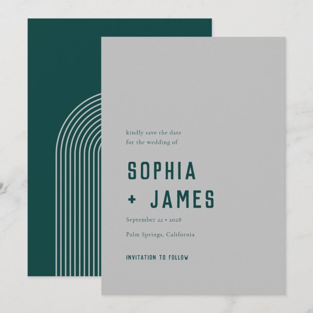 Modern Boho Geometric Arch Green Grey Wedding Save The Date (Front/Back)